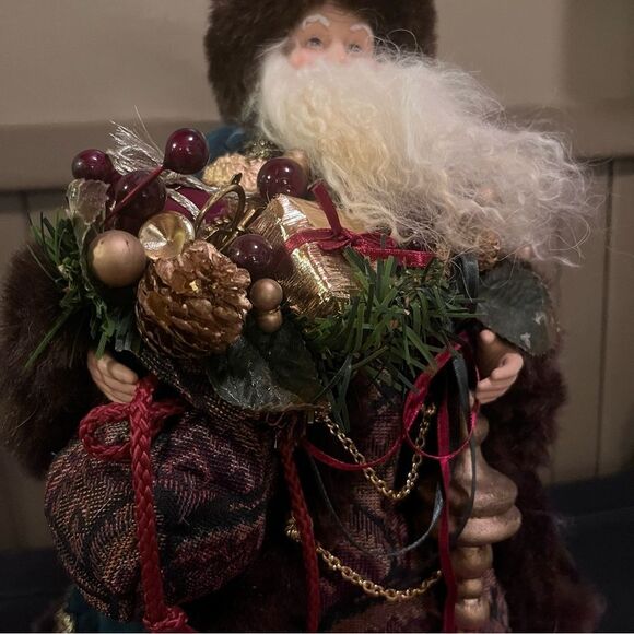 St. Nicholas Santa Tapestry plush Green Gold Faux Fur trim Garment Tree Topper - Picture 5 of 9